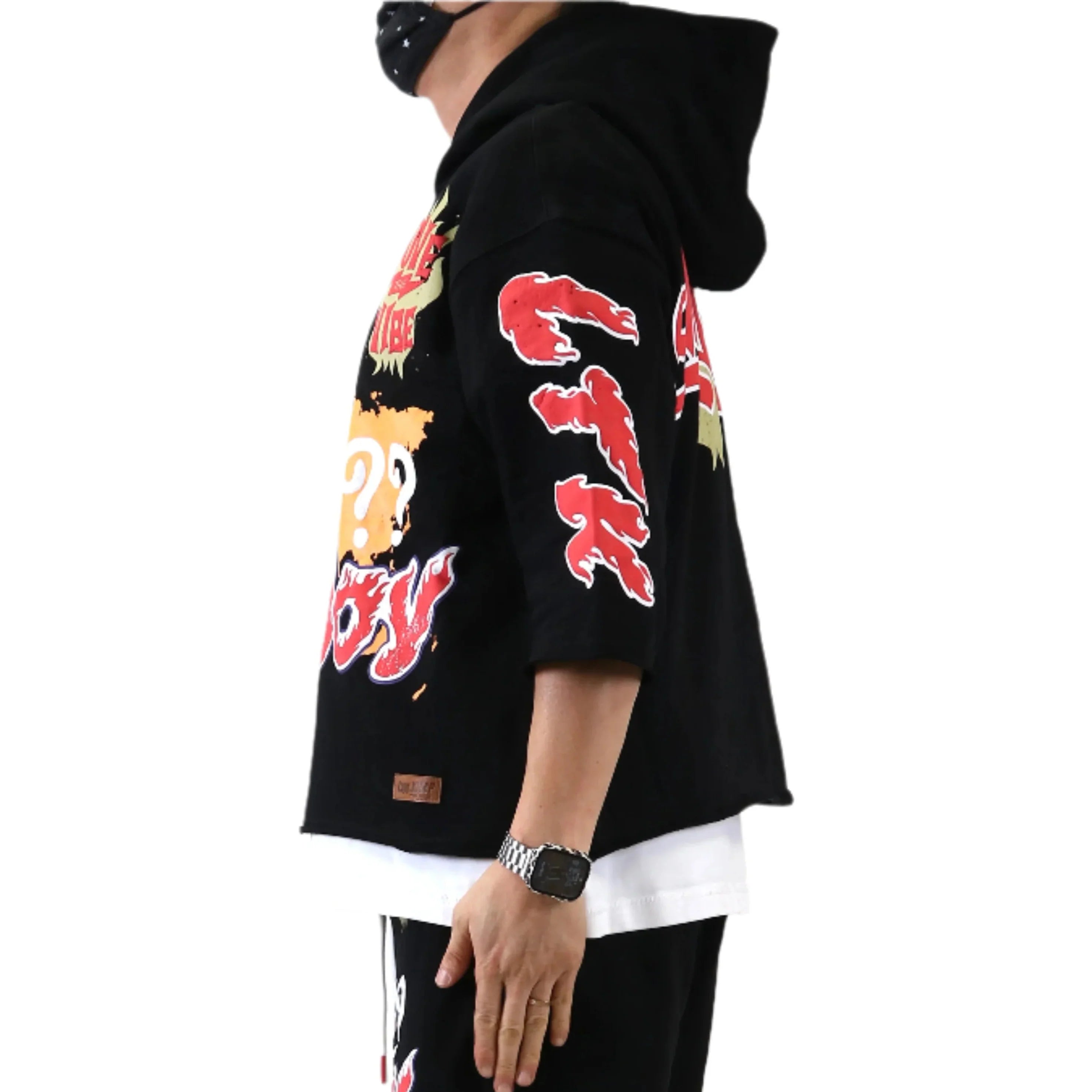 TROY French Terry 3/4 Sleeve Crop Top Pullover Hoodie