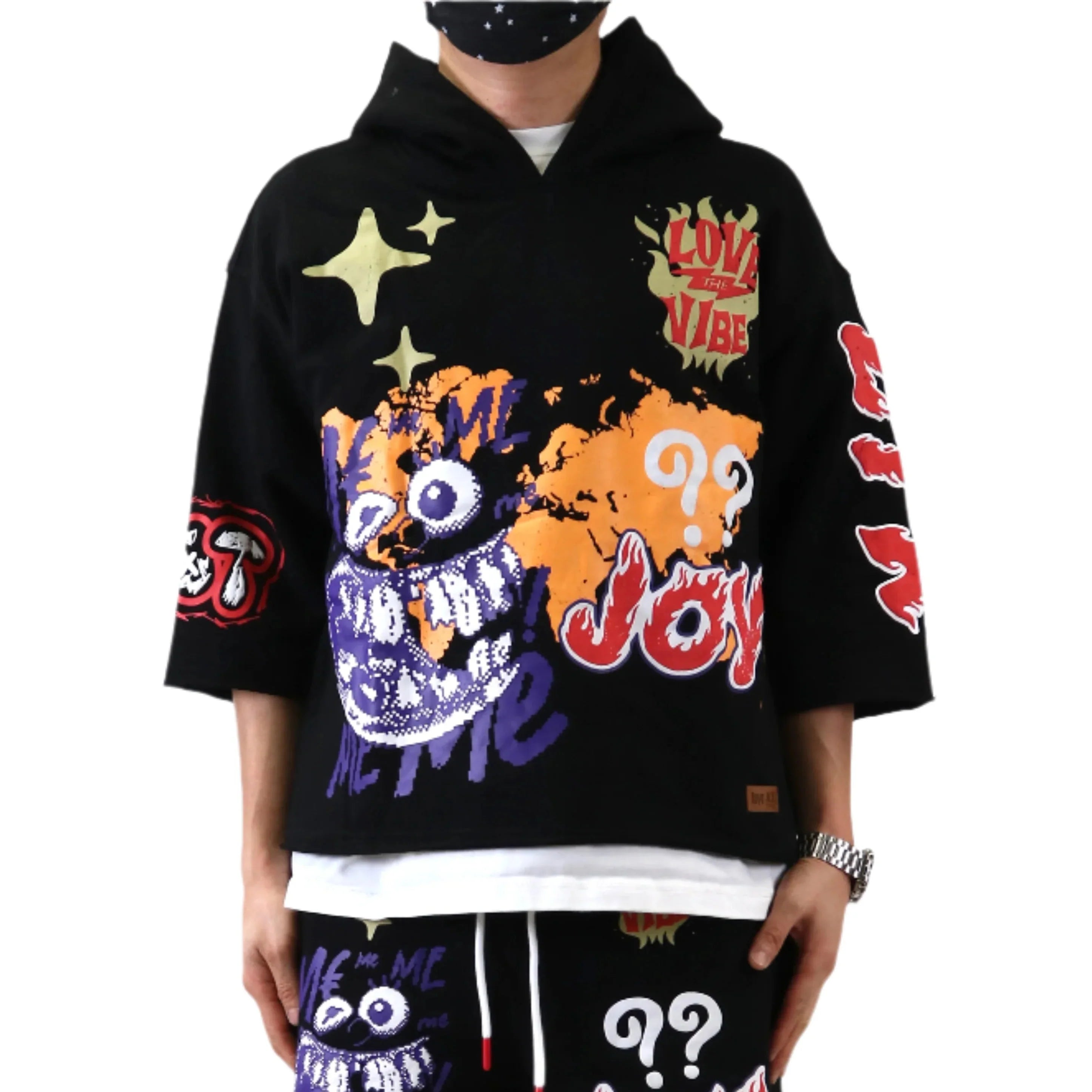 TROY French Terry 3/4 Sleeve Crop Top Pullover Hoodie